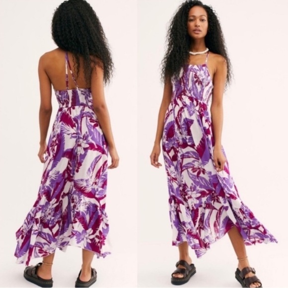 NEW Free People Heat Wave Tropical Printed Maxi Slip Dress, Purple Red Combo - S - Picture 1 of 11